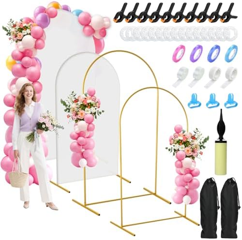 Jupwalz Arch Backdrop Stand and Cover Set, Metal Arch Stand with Rich Balloon Tool for Wedding Birthday Baby Shower Graduation Event Balloon Flowers Decor, Easy to Assemble (7.2FT & 6FT, White) by Jupwalz