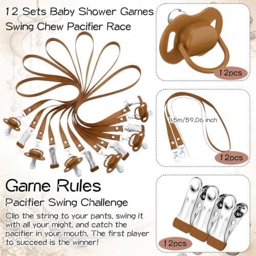 Geelin 12 Sets Swing Pacifier Baby Shower Games Funny Gender Reveal Games, Include 1 Wooden Sign and 12 Plastic Pacifiers for Bridal Baby Shower Gender Reveal Party Women Men(Bear,Brown) - Image 6