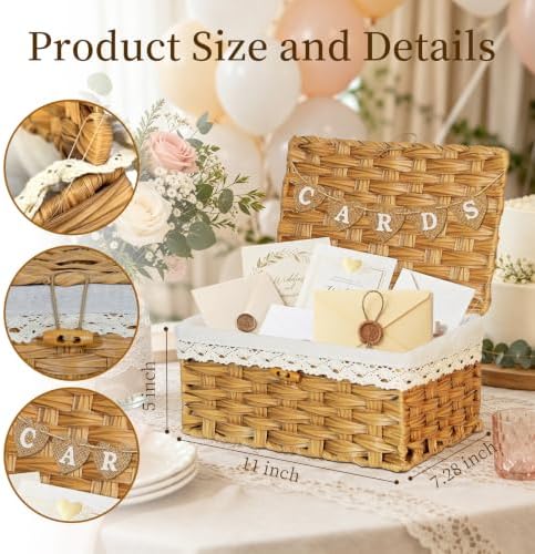 Card Box for Wedding Wicker Card Basket for Cards with Letter Flag, Decorative Woven Rattan Gift Card Boxes for Graduation Party Plastic Wedding Card Box for Reception Baby Shower Birthday Prop Decor - Image 2