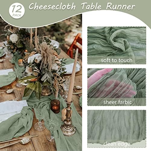 35x120 Inch Sage Green Cheesecloth Table Runner Fall Boho Wedding Decor - Image 4