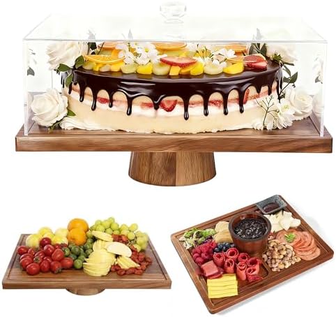 17" Rectangular Acacia Wood Cake Stand with Lid, 2-in-1 Multi-Functional Dessert Display Tray & Charcuterie Board for Cheese/Veggie/Chips & Dip, Birthday/Weddings/Party by ngsiiohun