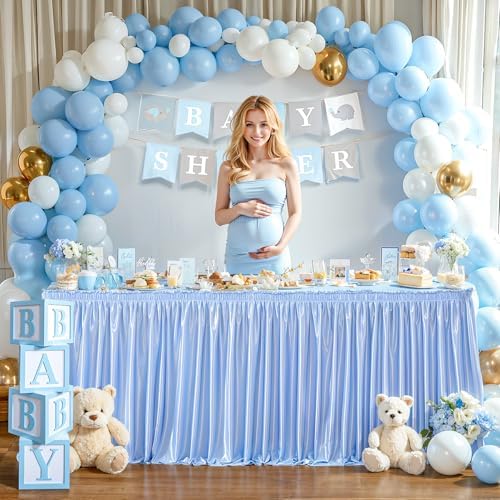 Wish Care 21ft Baby Blue Satin Long Table Skirt for Rectangle Tables Wrinkle Free Teacher Desk Skirt Glitter Ruffle Table Skirting Cloth for Back to School Classroom Office Birthday Party Table Decor - Image 4