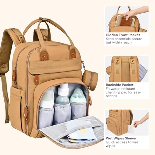 BabbleRoo Diaper Bag Backpack - Baby Essentials Travel Tote - Multi function Water Resistant Diaper Bag, Travel Essentials Baby Bag with Changing Pad, Stroller Straps & Pacifier Case - Unisex, Beige - Image 5