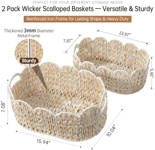 Set of 2 Scalloped Baskets, Small Wicker Baskets for Gifts, Beige - Image 4