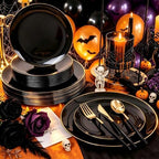 Supernal Black and Gold Plastic Plates,Heavy Duty Disposable Dinnerware Set - Image 2