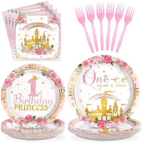 Grencian 96Pcs Princess 1st Birthday Party Decorations for Girls, Serves 24 by Grencian