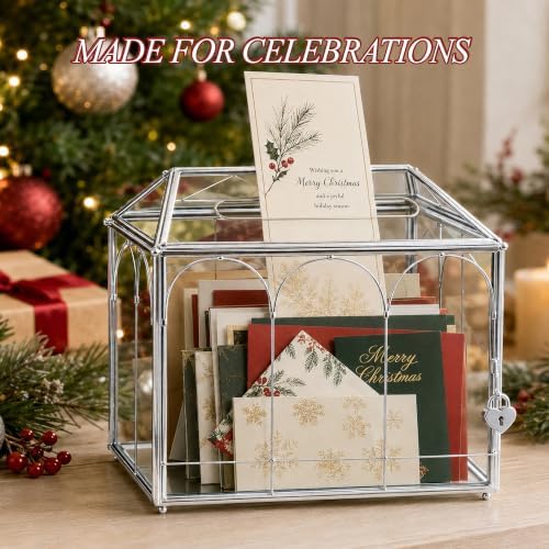 Glass Cards Box with Slot & Lock - 10.2" x 5.9" x 8" Vintage Geometric, Wedding Receptions, Home Reception, Tabletop Decor, Christmas Party, Silver - Slot Length 6.1 Inches - Image 6