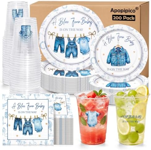 200 Pcs Blue Jean Baby Shower Decorations, Disposable Paper Plates Napkins Plastic Cups & Stickers, Denim Theme Party Tableware Set for Boy Baby Shower Birthday Gender Reveal Party Supplies Serves 50 by Unknown