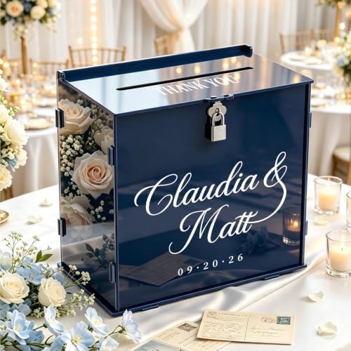 OASF&QPPTY Custom Wedding Card Box with Lock, Elegant Personalized Wedding Card Box for Reception, Graduation, Baby Shower - Secure PVC Money Box for Cards and Well Wishes, Elegant Party Table Decor by Unknown