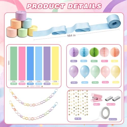 Pastel Paper Chain Garland Strips with 492ft Crepe Paper Streamers - Image 2