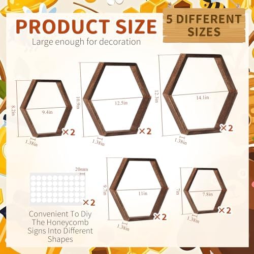 Gerrii Honey Comb Decorations 5 Size Wood Hexagon Shelves,Dark Brown,10 Pcs - Image 3