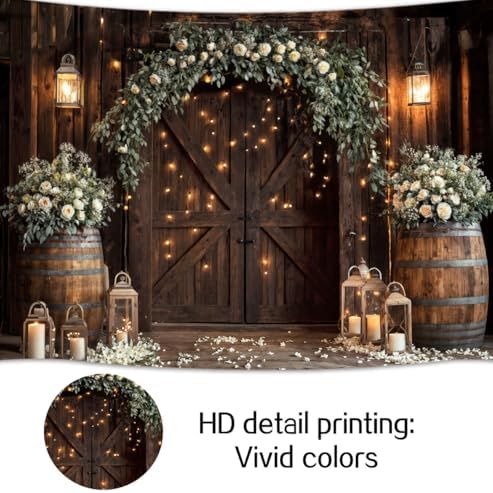 15x10ft Wedding Rustic Barn Door Backdrop Country White Roses Vintage Farmhouse Wooden Photography Backdrop Cabin Wooden Birthday Baby Shower Wedding Bridal Party Photo Booth Studio Prop - Image 4