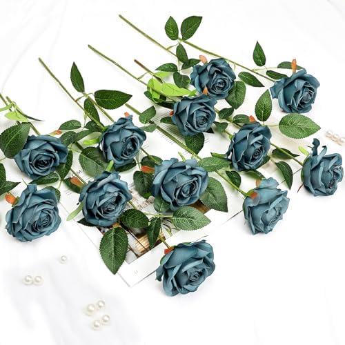 48 PCS Teal Roses Artificial Flowers, Silk - Image 4