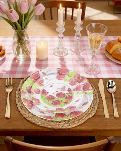 Hioasis 60 Pcs Disposable Plates, Pink Tulip & Butterfly, Pearl Trim - Image 5