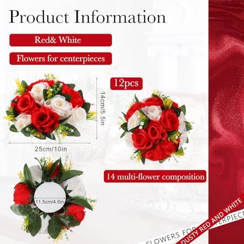 Hotop 12 Pcs Silk Rose Flower Balls,Red, White - Image 3