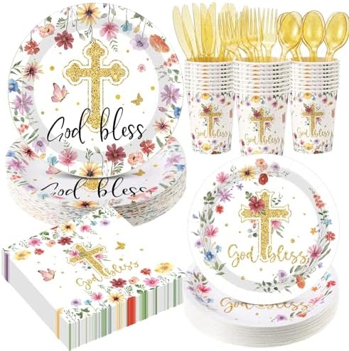 400 Pcs God Bless Flower Baptism Party Decoration Girl for 50, First Communion Confirmation Paper Plates Napkins Cups Cutlery Baptism Tableware for Christening Baby Shower Party Supply by Sunnychicc