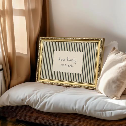How Lucky Are We Sign Wall Art Trendy Green Striped Quote Wall Decor Picture Minimalist Preppy Inspirational Poster Canvas Painting Print for Living Room Bedroom Dorm 12x16 inch Gold Framed - Image 3