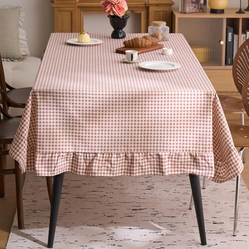 vctops Farmhouse Khaki Plaid Ruffle Table Cloth, Boho Cotton Linen Tablecloth, Washable Table Cover for Rectangle Table Baby Shower Kitchen Party Wedding Decor (Khaki,70"x102") - Image 2