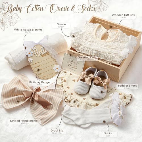 Golray Wooden Baby Gift Basket Newborn Girls Baby Shower Gifts Cloth Set with Bodysuit/Soft Shoes/Socks/Blanket/Bib/Headband/Wood Milestone, New Born Baby Girl Clothes Gender Reveal Gift Stuff - Image 2