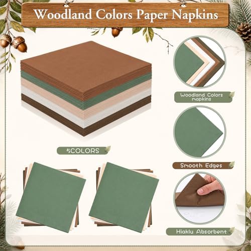 Mimorou 350 Pcs Green Brown Plates Cups Napkins Utensils Woodland - Image 5