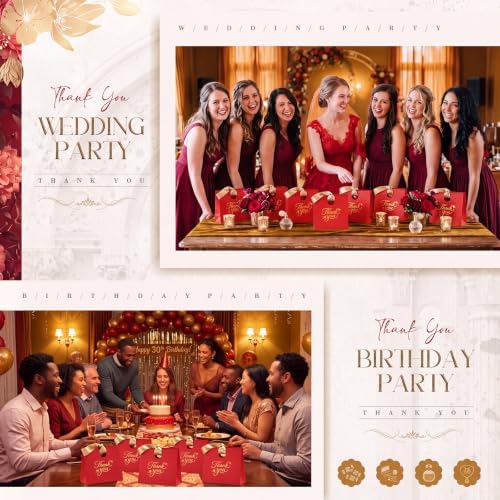 Feifeiya 30 Pcs Thank You Gift Bags with Ribbon Handles 7.87 x 3.54 x 7.09 Inch Paper Candy Gift Bags with Gold Foil Printed for Appreciation Birthday Wedding Bridal Baby Shower Party Favors(Red) - Image 6