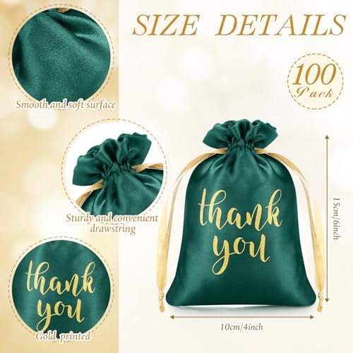 Roowest 4 x 6 Inch 100 Pcs Thank You Satin Gift Bags, Dark Green - Image 2