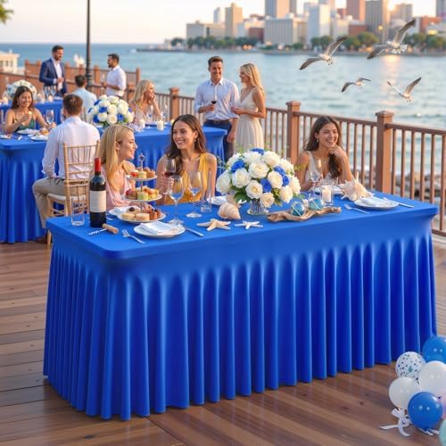 Royal Blue Table Cloth for 6 Foot Rectangle Tables Fitted Stretch Spandex Table Cover with Skirt 6ft Baby Shower Birthday Party Banquet Ruffle Tablecloth Wedding Table Cloths Desk Skirt - Image 2