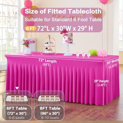 2 Pack Hot Pink Spandex Table Clothes for 6 Foot Rectangle Tables, Wrinkle Free Fitted Table Cover 6ft Fuchsia Stretch Tablecloths with Skirt for Parties Weddings Birthday Banquet Baby Shower - Image 4