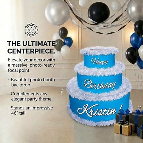 Anderson's Blue & White Personalized Pop-Out Birthday Cake, Life-Size Faux Cake with Script Font, Custom Name, Surprise Reveal Prop for Milestone Parties, Photo Ops, Store or Business Events - Image 4