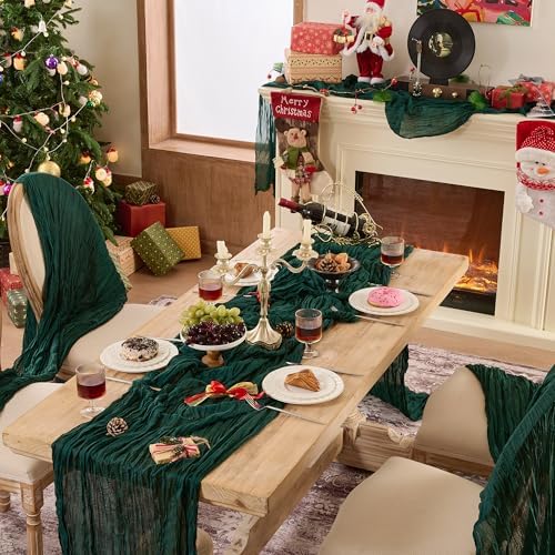 6 Pack Emerald Green Cheesecloth Table Runner Boho Christmas Decor - Image 2