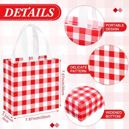 Lingvee 50 Pack Gingham Gift Bag Bulk Red and White Theme Plaid Reusable Tote Bags with Handle Non Woven Candy Bags for Checkered Themed Birthday Baby Shower Christmas Party Decorations Supplies - Image 2