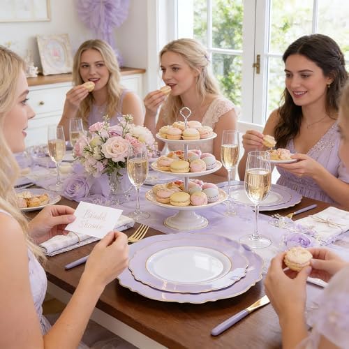 WDF 60pcs Purple Plates Disposable with Gold Rim - Baroque Light Purple Plastic Plates - Lavender Plates for Wedding/Birthday - Image 5