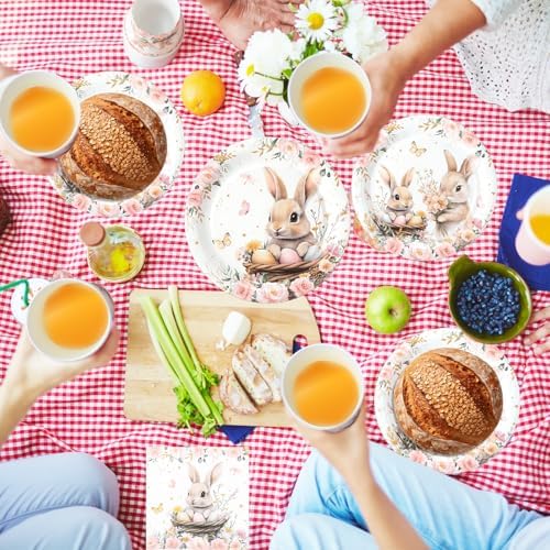 400 Pcs Bunny Birthday Party Decorations for 50 Guests, Pink Floral Bunny Paper Plates and Napkins Cups Cutlery Rabbit Disposable Tableware Set for Spring Baby Shower Birthday Supplies - Image 4