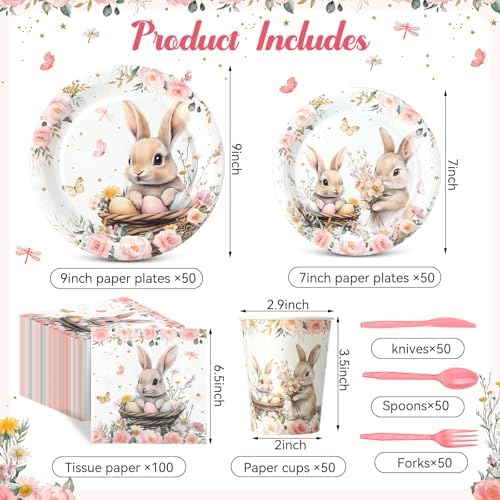 400 Pcs Bunny Birthday Party Decorations for 50 Guests, Pink Floral Bunny Paper Plates and Napkins Cups Cutlery Rabbit Disposable Tableware Set for Spring Baby Shower Birthday Supplies - Image 2