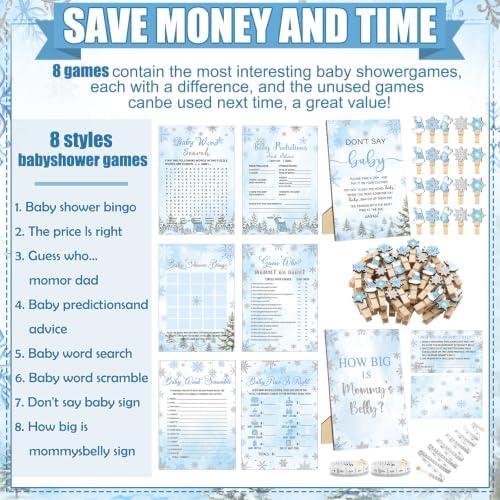 Funnymoom 426 Pcs Blue Snowflake Baby Shower Games Decor, 8 Set, 50 Guest - Image 4