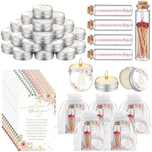 MTLEE 24 Sets Pink Roses Baby Shower Favors for Guest Bulk Including Lavender Scented Candles and Empty Matches Jars with Cork Top Thank You Cards and Organza Bags for Baby Shower Party Souvenir by MTLEE