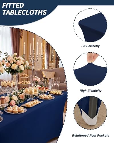 Fixwal 3 Pack 8FT Navy Blue Tablecloth Rectangle Spandex Table Cover - Image 4