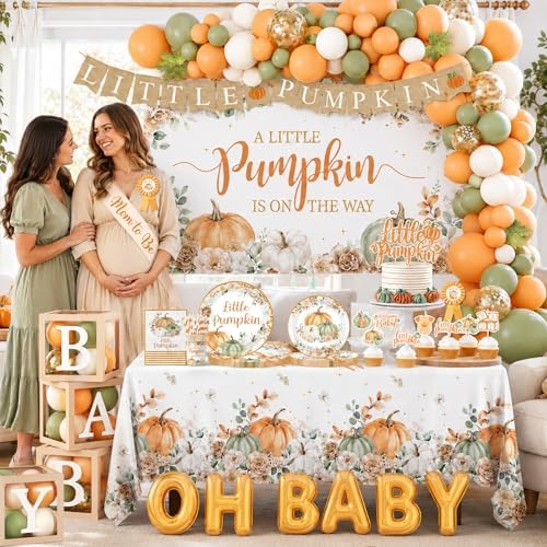 Little Pumpkin Baby Shower Decorations for Boy or Girl,295pcs Fall Baby Shower Plates and Napkins Cups Backdrop Tablecloth Topper Balloon for A Little Pumpkin Is On The Way Baby Shower Decorations - Image 2