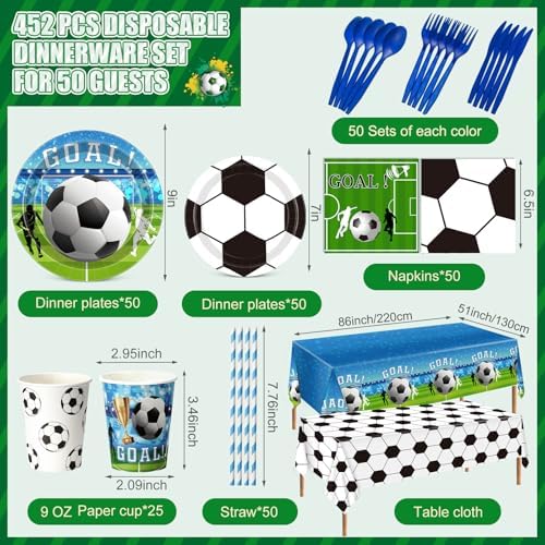 Ceenna 452 Pcs Soccer Party Supplies for 50 Guests, Soccer Paper Plates Napkins Cups Tablecloth Cutlery Straw Disposable Tableware for Men Birthday Sports Theme Day Party Decorations - Image 3