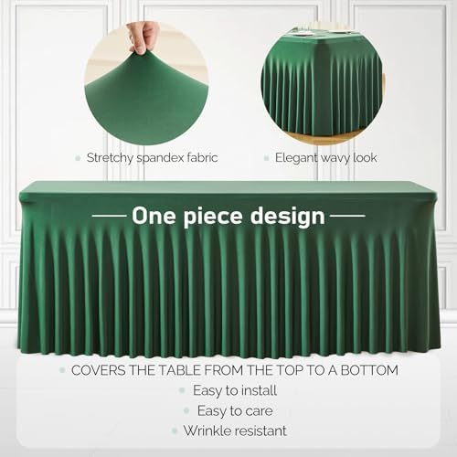 6 Packs Green Table Clothes for 6 Foot Rectangle Tables, Wrinkle Resistant Stretch Spandex Table Covers Fitted Tablecloth with Skirt for Event Banquet Wedding Birthday Party - Image 2