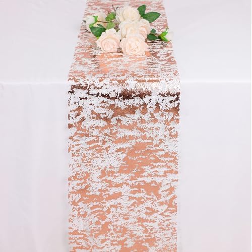 Snowkingdom Rose Gold Table Runner 11 Inch x 100 Feet Glitter Sequin Metallic Pink Thin Mesh Runner Sparkly Table Decorations for Birthday, Wedding, Bridal Shower, Baby Shower Party - Image 2