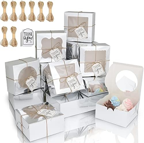 KPOSIYA 65PCS Bakery Boxes with Window 6x6x3 Inches 5 Style Cookie Boxes Small Pastry Boxes for Candy, Dessert, Pastry, Donuts, Birthday Party, Wedding(Silver) by KPOSIYA