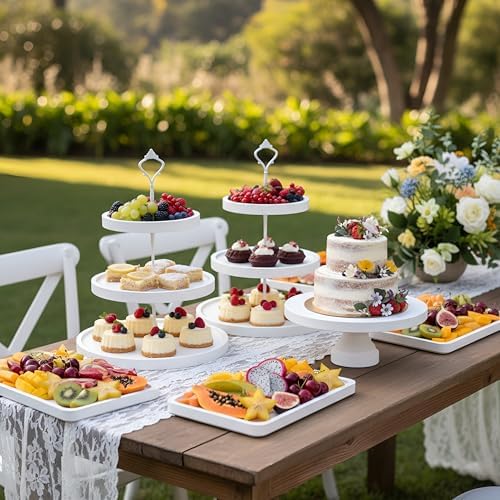 RattanView 7 Pcs Wooden Dessert Display Set 3 Tier Stands Trays, White - Image 5
