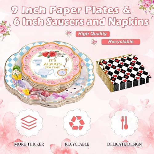 FillTouch 50 Sets Wonderland Paper Tea Cups and Saucers for Tea Party - Image 5