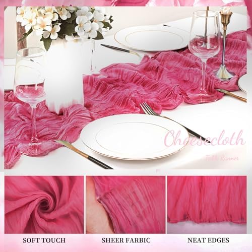 Hot Pink 20 Pack Cheesecloth Table Runner 10FT Boho Fabric Rustic Cheese Cloth Table Runner for Wedding 20 x 120 Inch Long Bridal Shower Baby Shower Gauze Sheer Birthday Party Table Decorations - Image 3