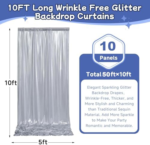 50ftx10ft Sequin Silver Backdrop Curtain Panels for Parties, Wrinkle Free Thick Glitter Sparking Photo Backdrop Drapes, 10 Panels 5x10ft Shimmer Back Drop Cloth for Wedding Birthday Photography - Image 6