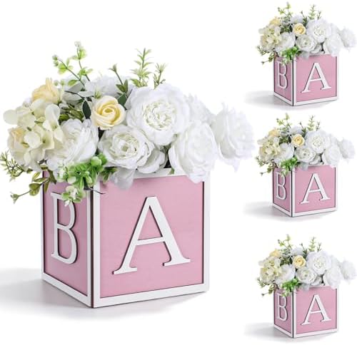 4PCS Baby Shower Centerpieces for Tables - 6 Inch Pink Wooden Boxes with 3D by Unknown