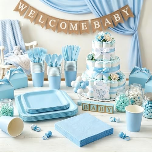 Vyntra 350 Pcs Light Blue Square Paper Plates and Napkins Set, Serves 50 - Image 6