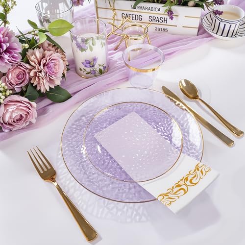 Rubtlamp 175 Pcs Purple Plastic Dinnerware Set (25 Guests), Clear Purple Plates With Gold Rim, Hammered Party Platos, Plates And Cups And Napkins Sets for Wedding, Party&Graduation - Image 4