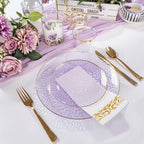 Rubtlamp 350 Pcs Clear Purple Plastic Plates, Gold Plastic Dinnerware Set (50 Guests), Purple Disposable Plates With Gold Rim, Hammered Party Plates Set for Wedding And Party - Image 3